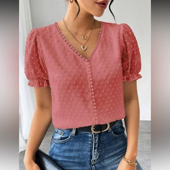 Elegant Burgundy Swiss Dot Puff Sleeve Top - Picture 9 of 16